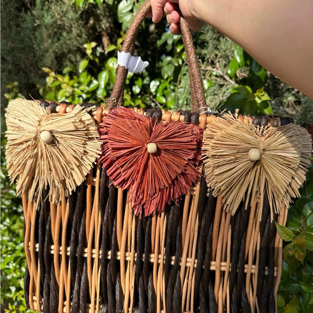 Handcrafted Straw Tote Bag with Heart Accents